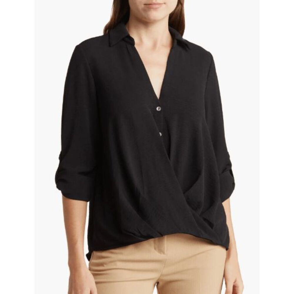 CHENAULT Surplice Long Sleeve Wrap Top- Large, BLACK